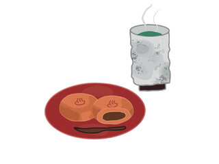 Illustration of a hot spring manju and green tea set