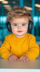 A baby sits at a table in an animation podcast studio, facing the camera and speaking into a microphone