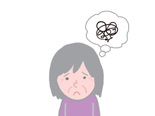 Illustration of a gray-haired elderly woman with a troubled face and speech bubble
