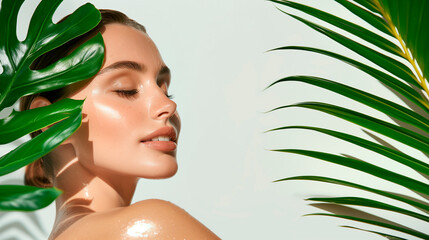Beauty photo of a woman with green leafs on light background