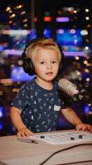 A baby sits at a table in an animation podcast studio, facing the camera and speaking into a microphone