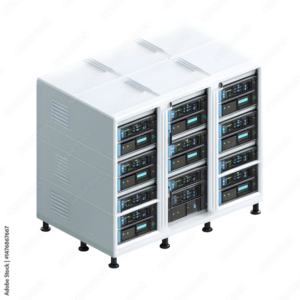 Poster isometric view of a white server rack with multiple servers installed in a data center environment s