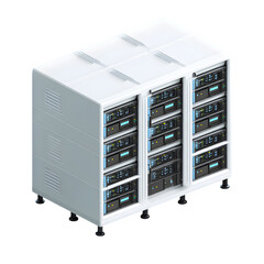 Isometric view of a white server rack with multiple servers installed in a data center environment...