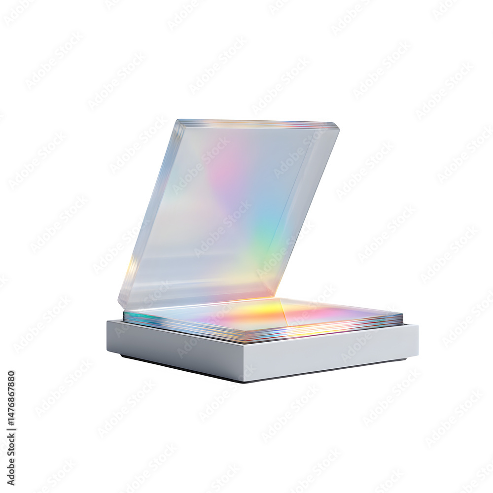 Poster iridescent album in a white box with the lid open on a black background in a studio setting view