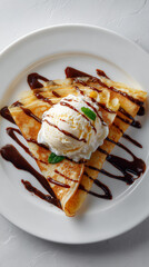 Classic French Crepe Folded and Filled with Vanilla Ice Cream, Drizzled with Chocolate Sauce, Styled on White Plate, Overhead Angle, White Background with Clean Space for Text, Generated AI
