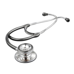 A stethoscope with silver tubing and black earpieces on a plain black background in a studio shot