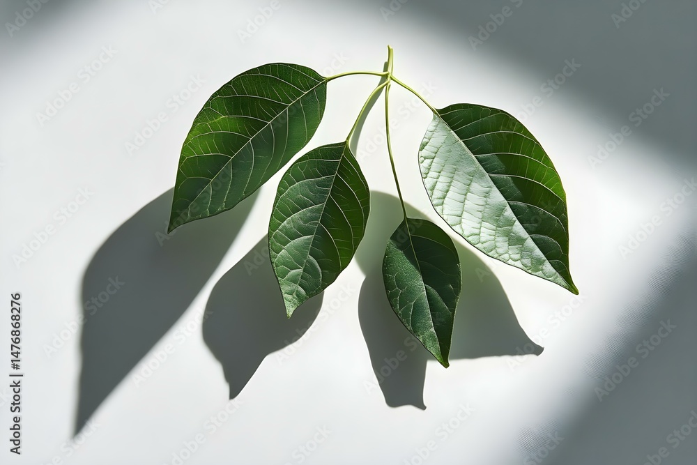 Poster a few green leaves with a focus on their texture and shape, casting shadows on a light background. c