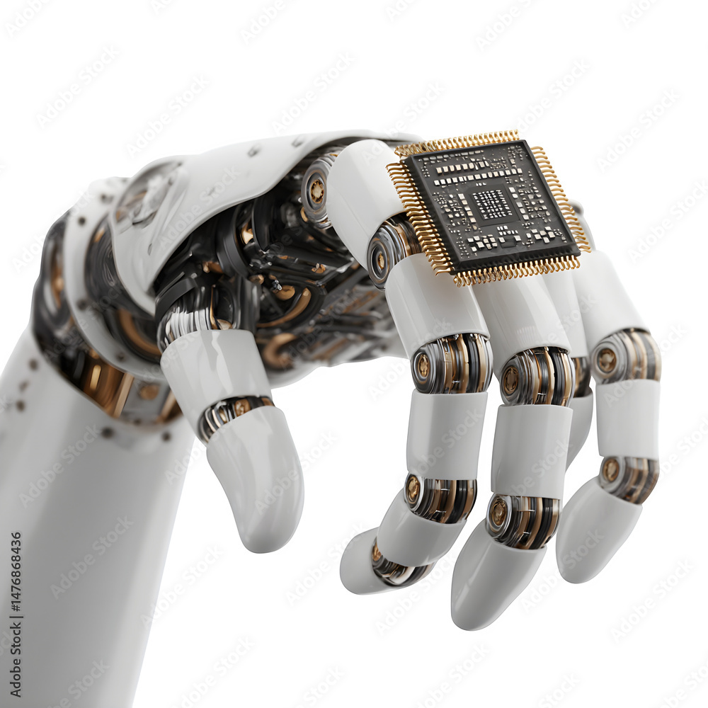 Aufkleber a robotic hand holding a microchip with gold pins on a black background showing ai technology concep