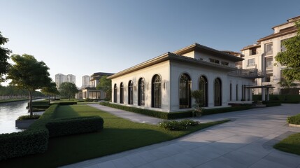 Elegant luxury riverside apartments with manicured lawn and tree-lined morning promenade