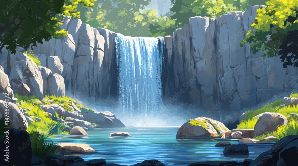 Poster lush waterfall cascading into a tranquil pool