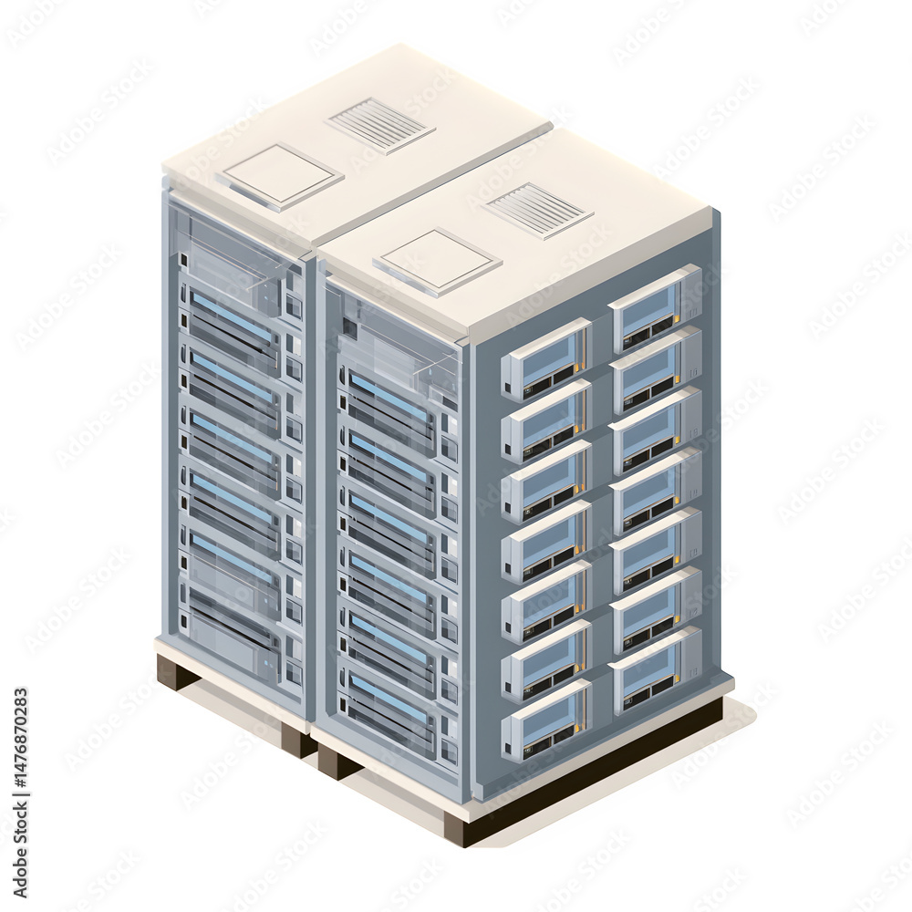 Poster isometric illustration of two server racks with multiple servers and cooling units on a platform bas