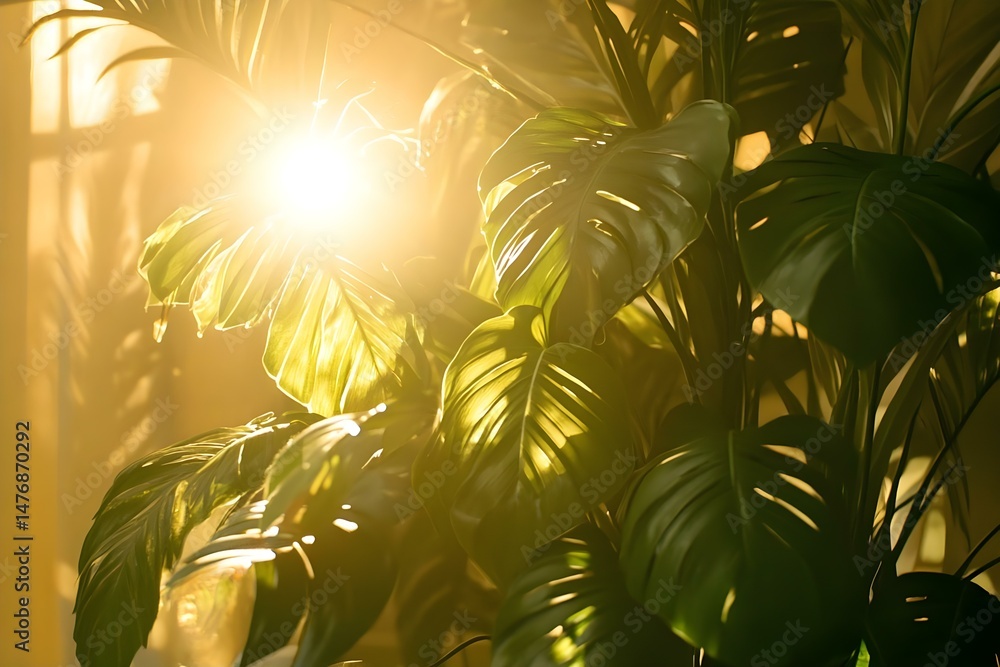 Poster sunlight filtering through large green leaves, creating a warm and vibrant atmosphere with soft shad