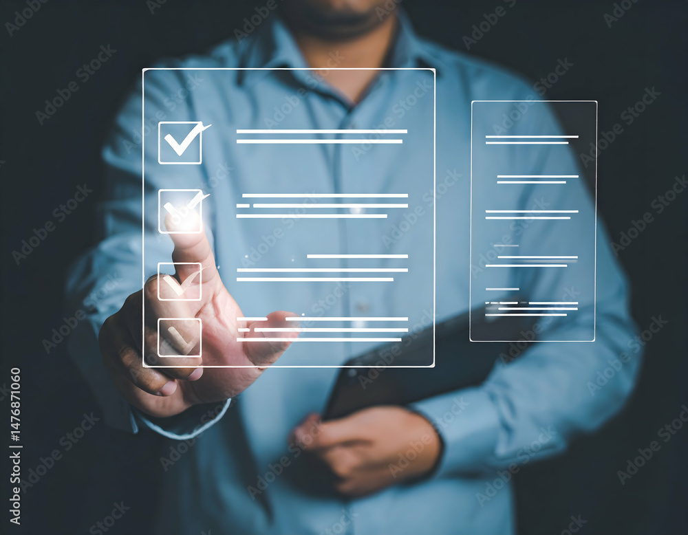 Poster man interacts with a digital checklist and document interface