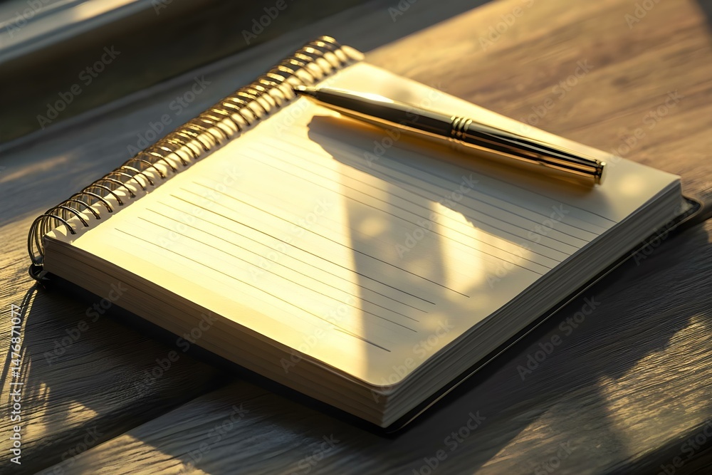 Aufkleber a blank spiral notebook with a shiny pen resting on it, illuminated by soft sunlight, casting shadow