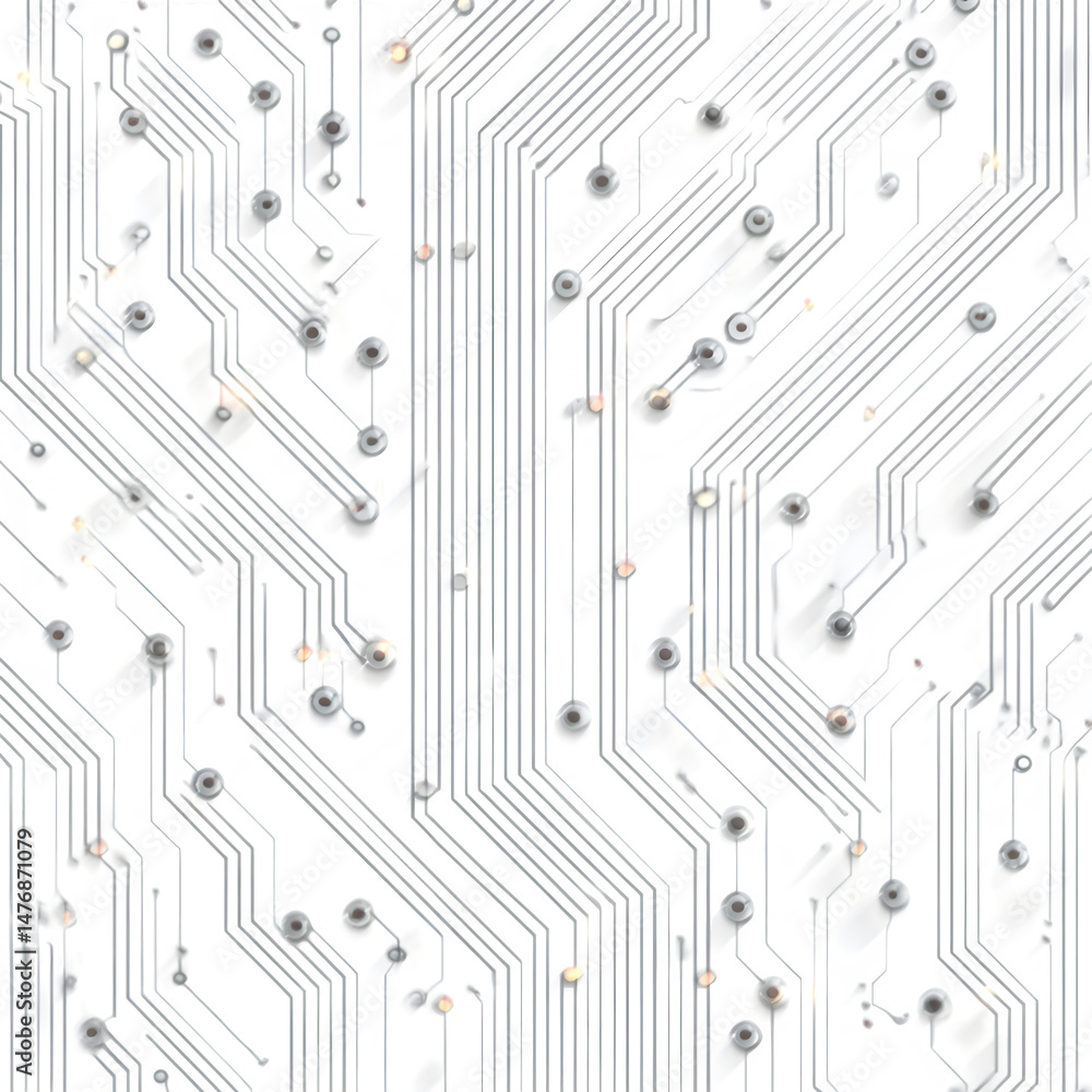 Poster abstract rendering of a circuit board with white lines and dots on a black and white background
