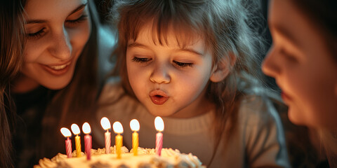 Birthday Wishes and Candlelight Dreams,A Magical Birthday Moment, Little Girl Blowing Out Birthday Cake Candles Surrounded by Family – Celebration Moment, Cute Child’s Birthday Party with Lit Candle