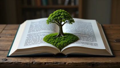 Surreal Green Tree Growing From Open Book on Wooden Table, World philosophy day concept with tree of knowledge planting on opening book