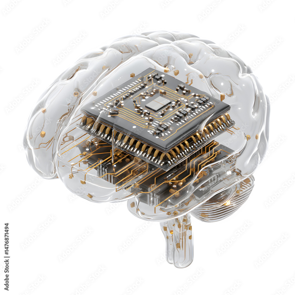 Poster artificial intelligence concept showing a transparent brain with a circuit board inside it clearly v