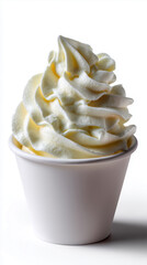 Soft Serve Vanilla Ice Cream in Plain White Cup, Perfectly Centered on Bright White Background, Front-Lit with Shadow Depth and Space Above for Product Name, Generated AI
