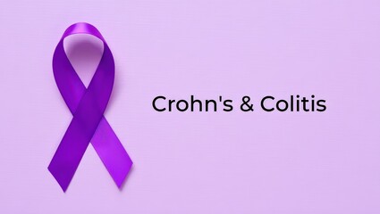 Purple ribbon for Crohn’s and colitis awareness on the left over pastel background with title “Crohn’s & Colitis” in clean visual format for digestive health campaigns, Copy Space.