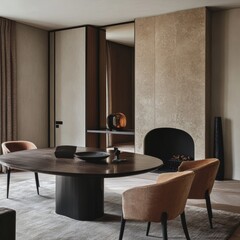 Living room with fireplace, table, chairs, and mirrored wardrobe.