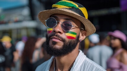 Young african male at festival with flag face paint and straw hat