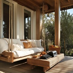 Modern porch with swing, sofa, and wicker coffee table