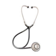 A silver stethoscope with black tubing isolated on a black background in a vertical composition view