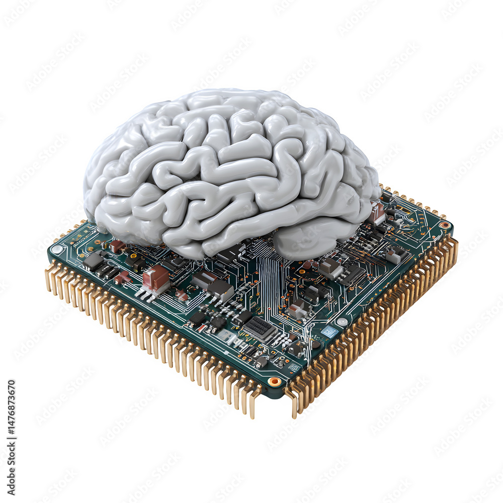 Poster artificial brain resting on a computer chip with gold pins on a black isolated background view