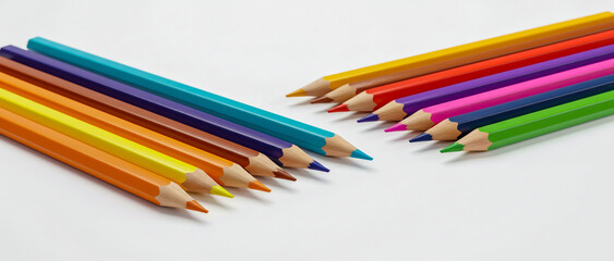 Fototapeta premium Colorful pencils arranged neatly in rows displaying a spectrum of various bright colors on white