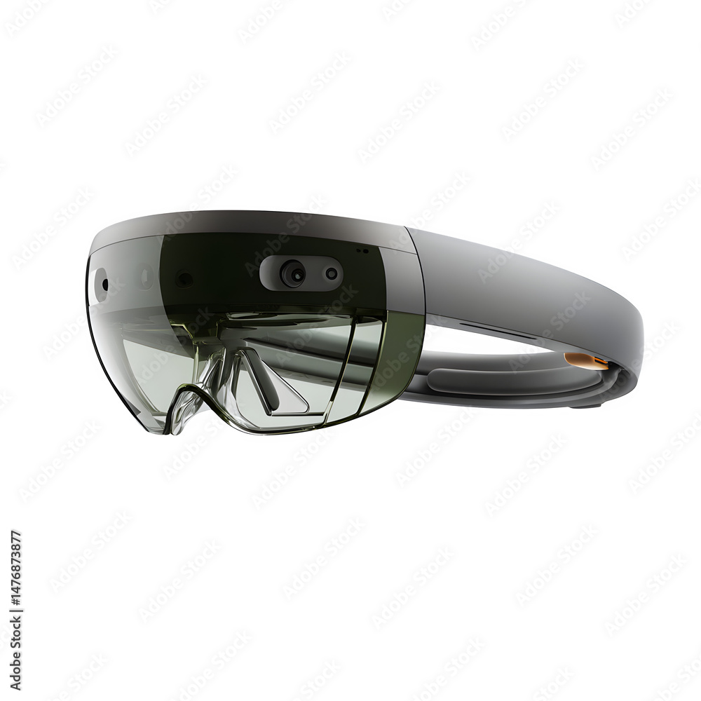 Poster a close up of a grey augmented reality headset with transparent visor on a black background in studi