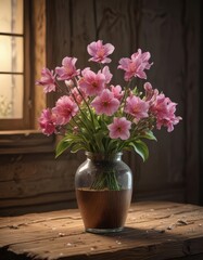 Spring blooms in a vase, illuminated by a warm lamp, atop rustic wood ,  lamp,  interior design,  home decor