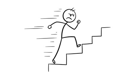 Angry stick figure running up stairs represents challenge and determination