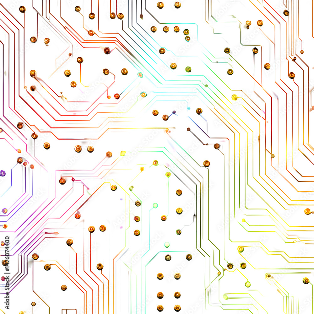 Poster a detailed view of a circuit board with colorful traces and gold connectors on a black background gr