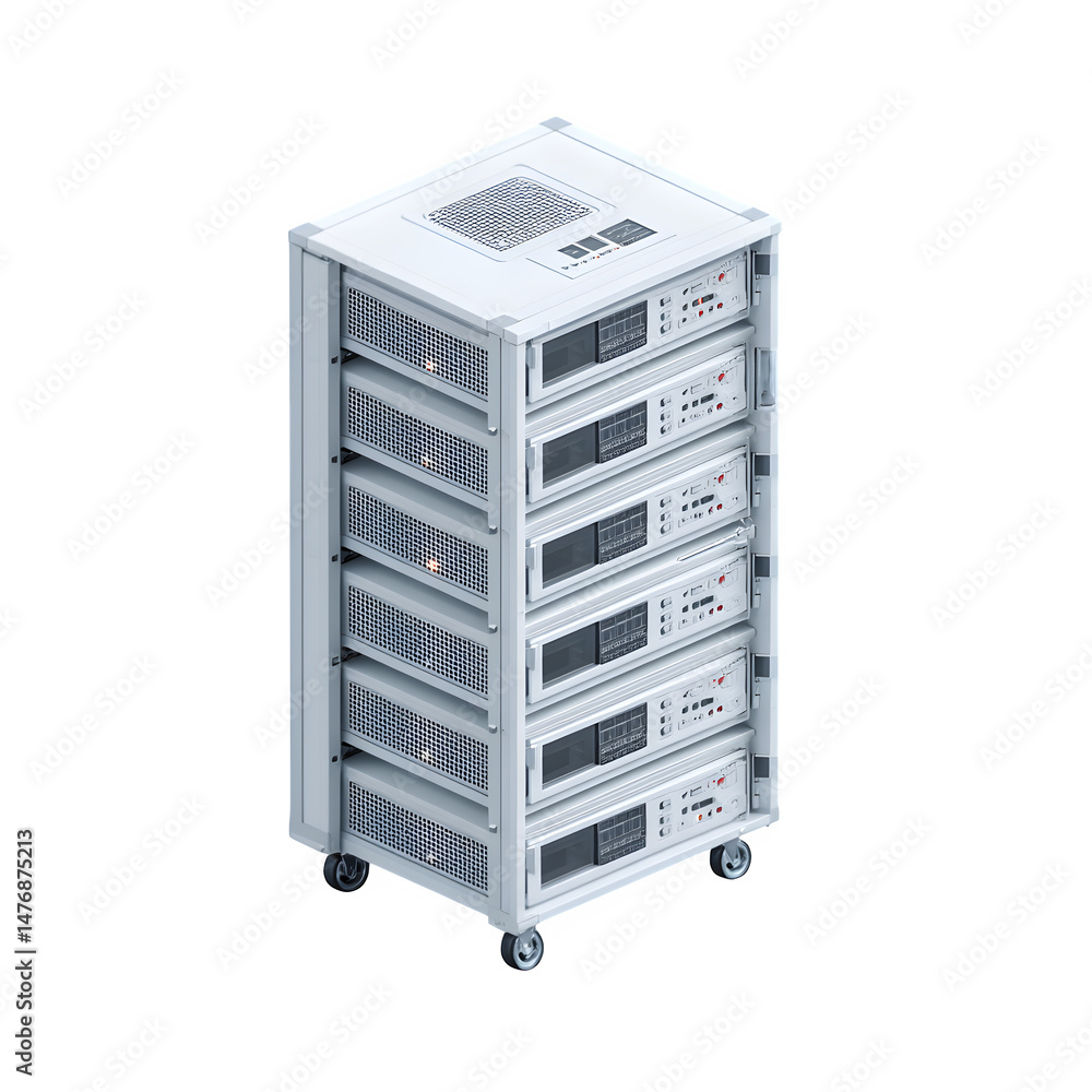 Poster isometric view of a white server rack with multiple units stacked on a rolling cart on a black backg