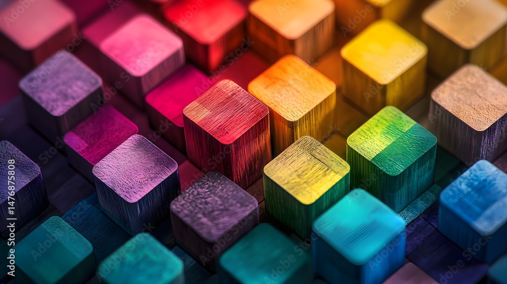 Poster colorful wooden blocks arranged in a vibrant pattern creating a rainbow effect