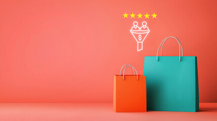 Two shopping bags with a five-star customer rating icon on a coral background, symbolizing quality shopping and customer satisfaction.