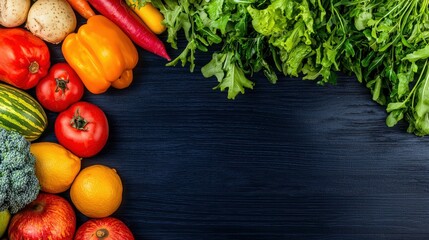 Colorful Fresh Vegetables including Tomatoes peppers broccoli lemons lettuce carrots on dark wooden surface healthy food ingredients for cooking and nutrition