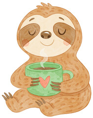 Watercolor Illustration of a Cute Sloth Holding a Coffee Mug