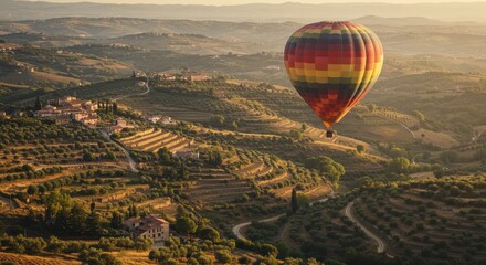 Colorful Hot Air Balloon Soaring Above Beautiful Italian Countryside at Sunset with Lush Green Fields and Rolling Hills