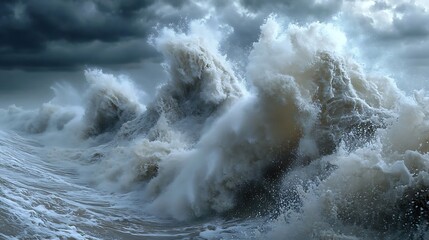 An ocean storm intensified by climate change, with towering waves crashing against the shore