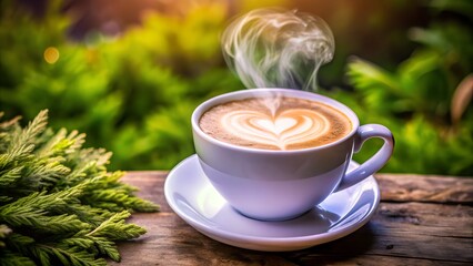 Beautiful Latte Coffee with Artistic Heart and Moon Steam