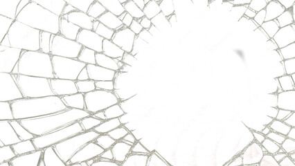 Close up of a shattered glass surface with intricate cracks and a bright white background texture design