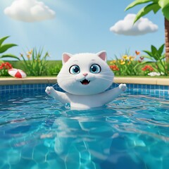 Happy White Kitten Playing in Swimming Pool