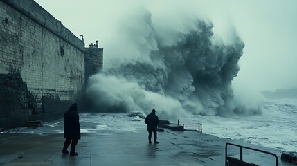 An ocean storm intensified by climate change, with towering waves crashing against the shore