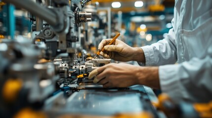 Technician performs precision adjustment on complex machinery within industrial manufacturing plant