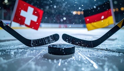 Intense ice hockey match with swiss and german flags in background