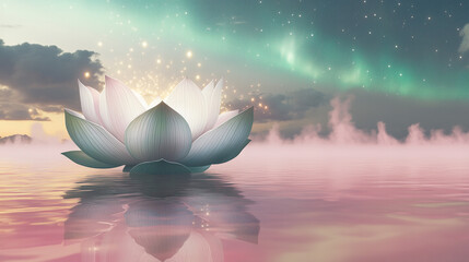 Giant lotus flower floating on calm pink waters under a dreamy aurora sky, glowing soft reflections, gentle starry mists rising from the water, peaceful natural setting, 2D soft dreamy illustration,