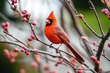 Cardinal In Tree. Northern Cardinal Bird Perched on Backyard Serviceberry Tree Branch in Indiana Spring Garden