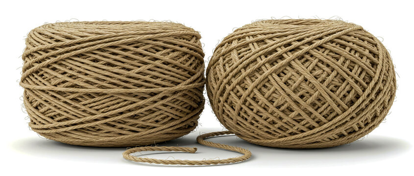 Two spools of natural jute twine with a strand isolated on white background for crafts